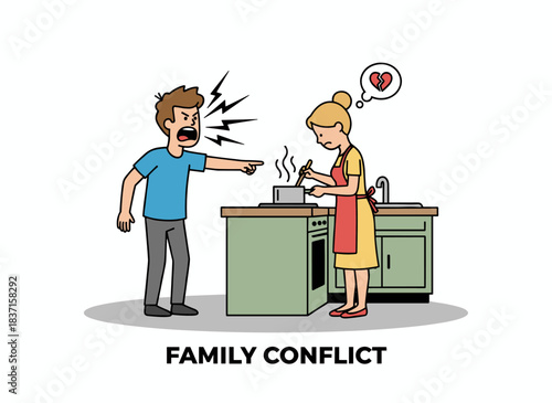 A husband yells at his wife as she cooks in the kitchen, illustrating a strained relationship between spouses, domestic abuse, an unhappy marriage, and family conflict in a flat cartoon vector style