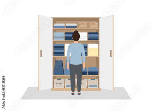 A woman stands before a tidy wardrobe after decluttering, seen from the back as she looks at an open closet filled with arranged clothes, showcasing organized storage in the cupboard, rendered in