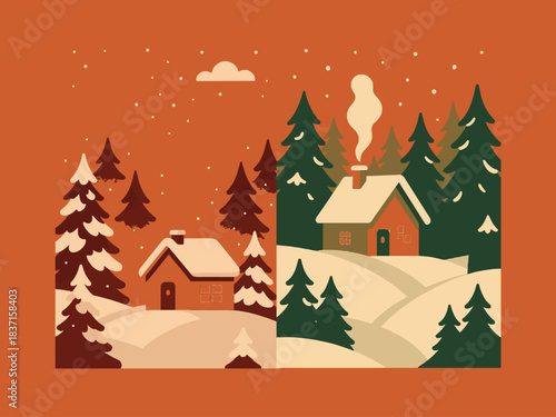 Holiday cabin scenery, snow covered forest, minimal vector with warm 