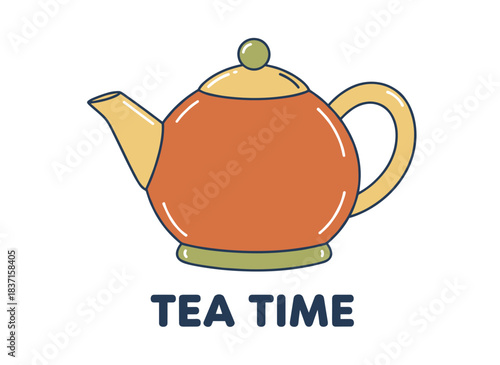 A ceramic tea kettle, styled retro, depicted as a charming colored pot against a white backdrop, showcased as a kitchen crockery item in a hand‑drawn flat vector illustration