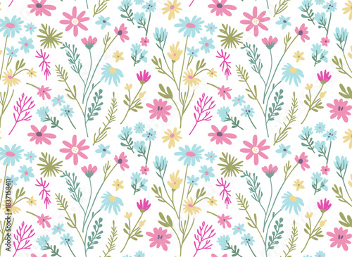 A continuous floral print featuring botanical backgrounds, flowers, stems, delicate blooms, and wildflower branches, creating an endless summer texture for flat vector illustrations on fabric