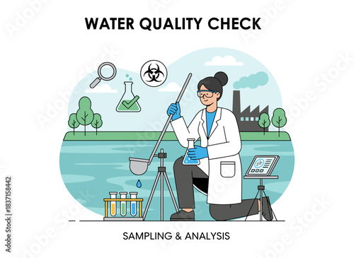 Collecting samples, performing water quality analysis for control and pollution studies; a scientist inspects chemical composition, conducts safety tests, and verifies results. The illustration is a