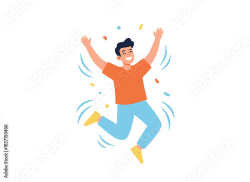 A jubilant figure leaps upward, celebrating success with exuberant joy and boundless energy, while the energetic character’s dynamic movement conveys triumph and victory; the flat vector illustration