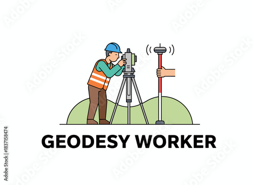A surveyor uses a total station, theodolite, and GPS receiver to pinpoint locations. The geodesy professional operates measurement instruments. The image is a flat vector illustration set against a