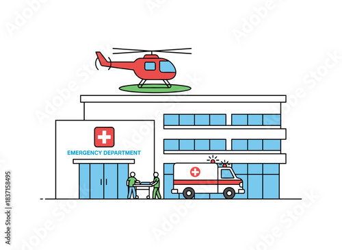 A hospital, rehab center, or emergency department building topped by a helicopter landing and an ambulance, depicted as a medical facility offering first aid in line‑art vector style
