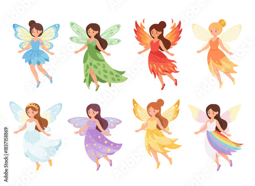 A collection of charming, beautiful fairies wearing diverse dresses, set against a white background, depicting mythical or folkloric winged magical beings soaring as fairytale characters in a cartoon
