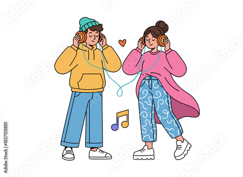 A stylish young couple wearing fashionable outfits listens to music together with earphones, depicted as cartoon characters on a white background in a flat, colorful vector illustration