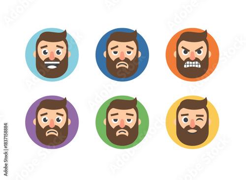 A collection of a bearded man's emotions displayed as cartoon faces, each with distinct expressions