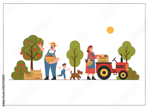 A farming family harvests seasonal produce in a flat vector garden illustration, with a man, woman, and child carrying baskets, loading crates onto a tractor, and playing with a dog, all working