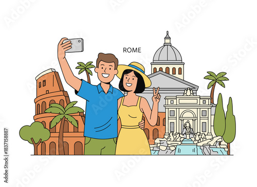 A couple of tourists captures a selfie beside Rome's landmarks while traveling on holiday. The man and woman explore the city during a summer tour. They are part of a group on a trip. The image is a