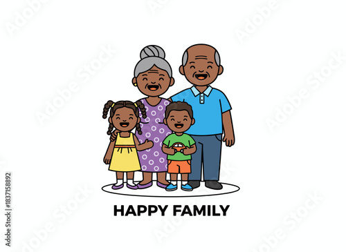 A cheerful portrait of an African American family, featuring a grandmother, grandfather, and their grandchildren standing side by side, rendered as flat cartoon characters on a white background in