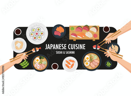 A horizontal banner design featuring an Asian restaurant table brimming with Japanese cuisine, including sushi, sashimi, and rolls, held by hands with chopsticks against a black backdrop, rendered in