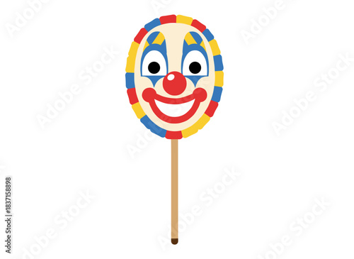 Stick-mounted clown mask, a festive costume accessory featuring a humorous nose, smiling lips, open mouth, and a cheerful, playful expression, ideal for carnival or party settings; flat vector
