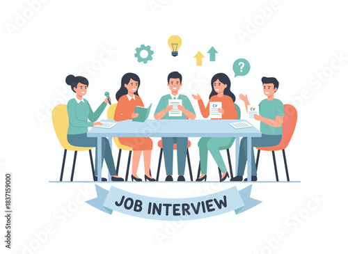 A friendly group of men and women sit at a table, holding CVs and asking questions during a job interview, with smiling HR and recruitment specialists, rendered in a colorful flat cartoon vector