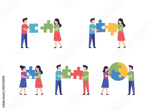 Illustration features male and female figures either solo, together in pairs, or in groups, each holding puzzle pieces, symbolizing interpersonal connection, riddles, or problem-solving, rendered in