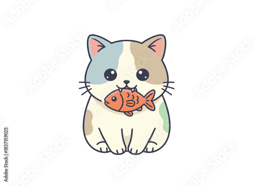 A charming, fluffy cat perched while holding a fish in its mouth, a delightful and humorous kitten with food in its teeth, depicted as a lovely spotted kitten in a colorful flat vector illustration