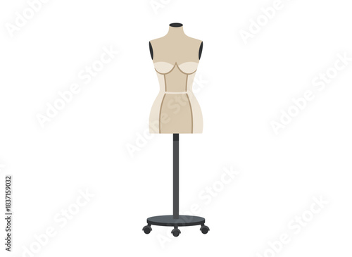 A mannequin, a tailor's dummy, displays a female figure made of fabric on a wheeled rolling base, showing the torso and body shape; it stands on a stand, used for sewing and dressmaking, presented as