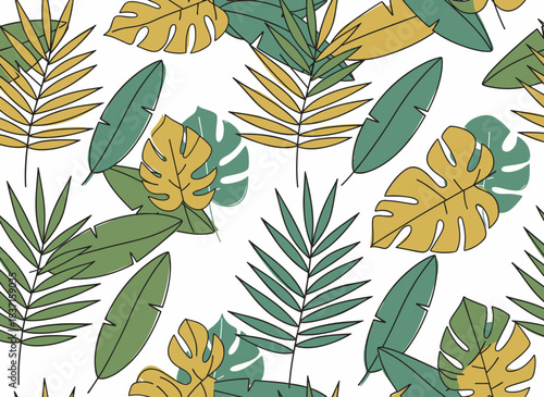 A continuous pattern featuring outlined tropical palm leaves against a natural backdrop
