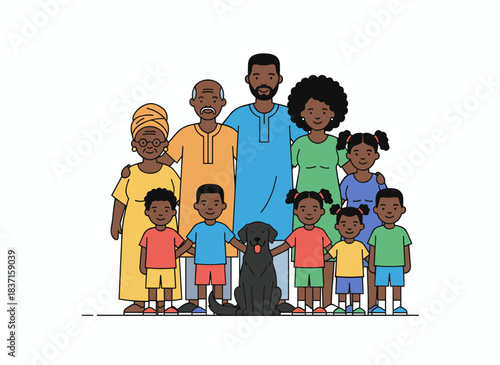 A joyful portrait of a large black family featuring father, mother, grandmother, grandfather, sons, daughters, and their dog, rendered as a flat vector illustration