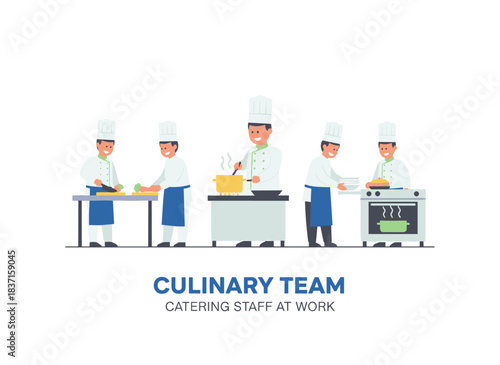 A restaurant chef prepares meals for a group while kitchen staff work diligently, forming a professional culinary team in matching hats and uniforms; catering personnel also cook, all depicted in a