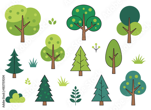 A collection of trees rendered in a modern abstract forest style, featuring green deciduous and coniferous firs with spring crowns, trunks, and branches, presented as flat botanical vector