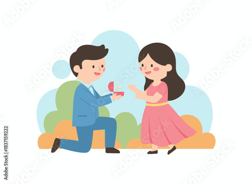 A man kneels before a woman to propose, depicting a sweet young couple as cartoon characters on a white background in a flat, colorful vector style