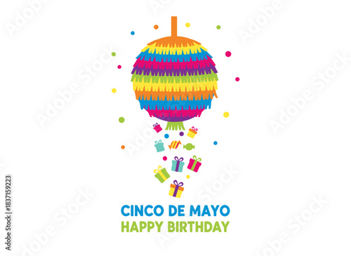 A colorful paper pinata ball, a Mexican holiday toy, serves as a traditional decoration for Cinco de Mayo, birthdays, and carnivals, adorned with candies and presented as a gift, depicted in a flat