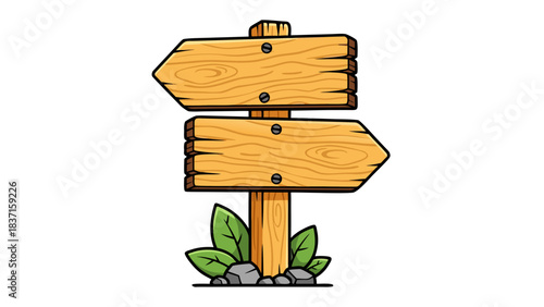 Pixel Art Wooden Signpost with Two Arrows Pointing in Opposite Directions Set Against a Black Background with Green Leaves and Gray Rocks at the Base
