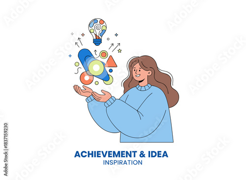 A creatively inspired girl holding an abstract shape with a trendy element, symbolizing achievement, inspiration, and a new idea concept; the young, happy woman radiates creativity in a flat vector