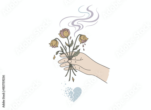 She cradles withered flowers, the sense of loss has vanished. Hand‑drawn illustrations