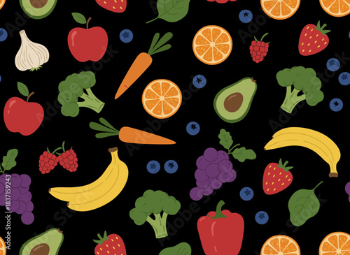 A continuous pattern featuring nutritious foods, wholesome grocery items, and fresh organic fruits, berries, and vegetables set against a black backdrop, illustrated hand‑drawn in realistic vector