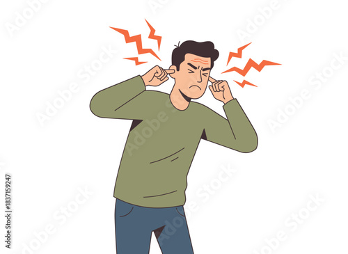 A frustrated man blocks his ears with his fingers to shield himself from loud noise, refusing to hear unpleasant sounds, depicted in a flat vector illustration on a white background