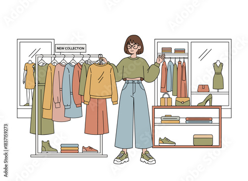 A fashionable woman browses a mass‑market shop, selecting garments from a new boutique collection, shown in a flat vector cartoon illustration