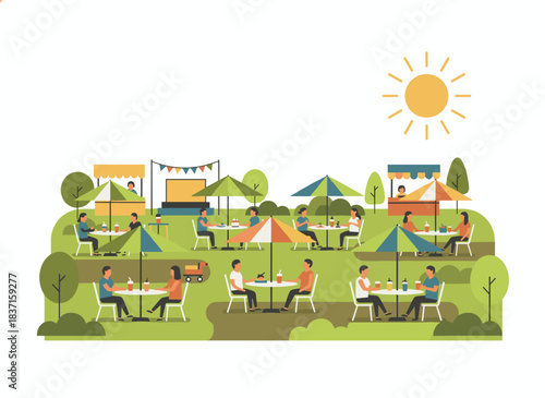 Miniature people unwind at outdoor tables in a park, resting in nature. They sit in chairs at a food court during a summer holiday, weekend festival, or leisure outing. This is a flat vector