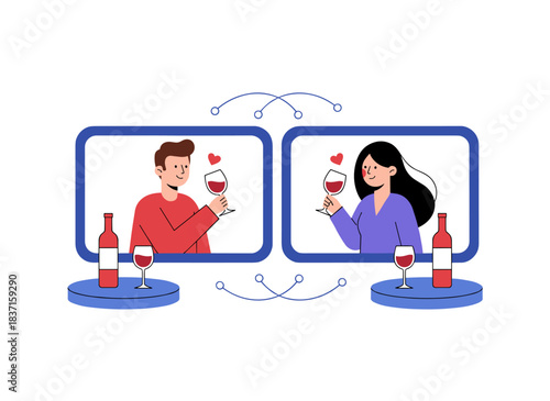 A romantic couple goes on an online date, sharing a video call over wine, depicted as a flat vector illustration of their virtual meeting against a white background