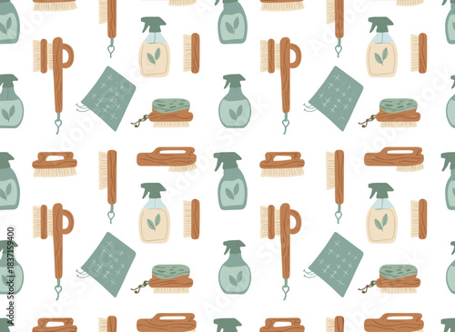 Eco-friendly brushes and cleaning tools showcase a seamless pattern design, featuring natural bristles, an endless background, and a repeating print, all crafted from zero‑waste ecological supplies
