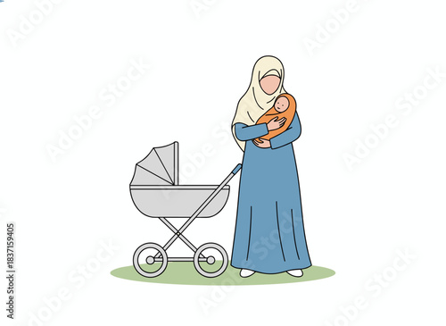 A Muslim mother cradles her baby, an Arab woman in hijab holding an infant, standing beside a stroller while walking, depicted as a flat vector illustration on a white background