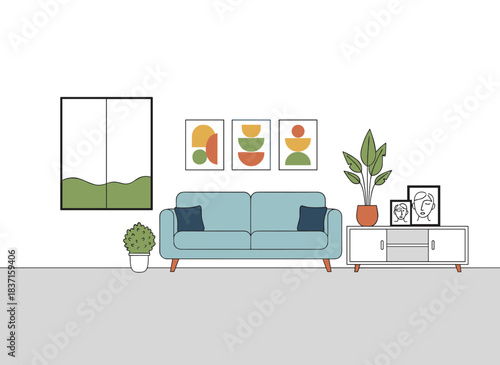 The living room interior showcases a sofa, wall art, framed pictures, a cabinet, and houseplants, all arranged in an apartment design, with a couch, window, and houseplants highlighted in a flat