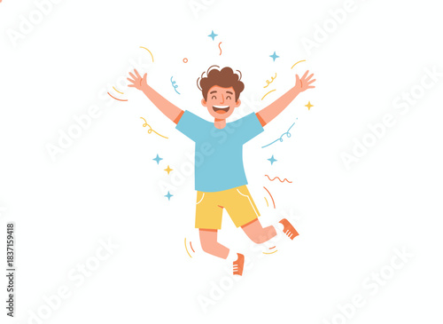 A cheerful man leaps or soars for sheer delight, embodying a carefree spirit of freedom and lightheartedness, depicted as a bright flat vector illustration of a humorous, positive character set