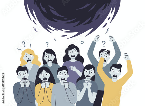 People, terrified and frightened, stare upward, fearing an uncertain future; the concept of a nervous, anxious, and fearful society is portrayed, with characters startled by anxiety, all depicted in