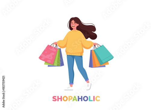 A young, smiling brunette in casual attire holds shopping bags against a white backdrop, depicted as a long-haired, shopaholic girl in a vibrant flat cartoon illustration