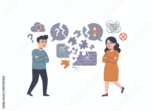 Individuals converse with mistrust and suspicion, leading to poor communication and misinterpretation of ideas. A discontent man, doubtful and upset, is displeased with a woman. The scene is depicted