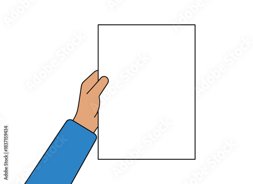 A hand holds a blank paper sheet set against an advertising card background, with the arm revealing a clean board space for ads, announcements, information, and promotions, all depicted in a flat