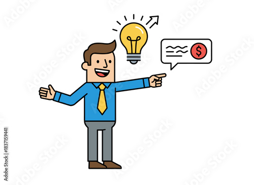 A cheerful individual demonstrates something with a sideward hand gesture, smiling as a presenter points to promote an idea, while an enthusiastic speaker elaborates; the scene is a flat vector