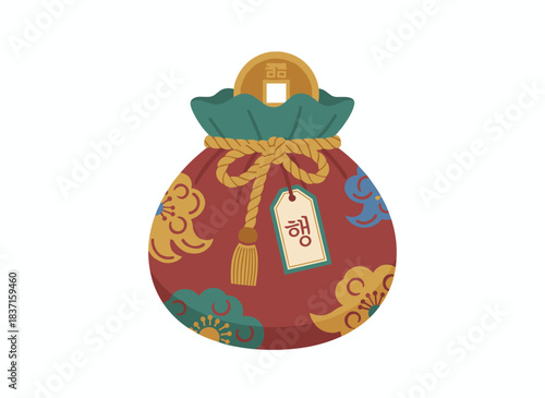 A Korean lucky bag, known as bokjumeoni, serves as a traditional charm during the Lunar holiday, featuring a silk pouch for coin gifts and an Asian Chinese purse symbolizing good fortune and wealth
