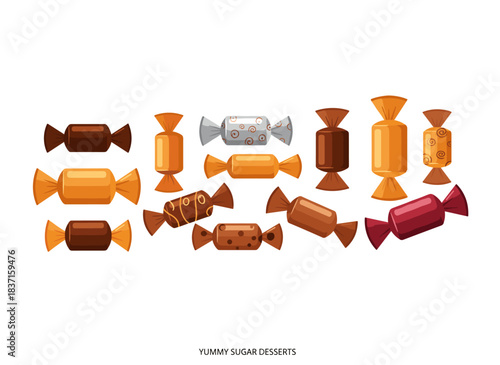 A collection of elongated sweets, featuring chocolate and caramel treats wrapped in shiny foil, along with bonbons, all depicted as realistic flat vector illustrations set against a white background