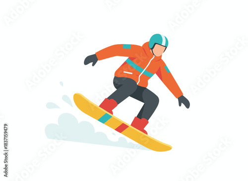 A man in a snowsuit is snowboarding, illustrated in a bright flat cartoon vector style