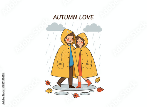 A flat vector illustration of a couple under a raincoat, strolling through autumn rain, with a boyfriend and girlfriend cartoon duo set against a white background