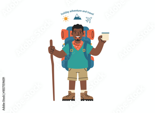 An African American hiker, equipped with a backpack and trekking poles, joyfully hikes while holding a cup, captured in a flat vector illustration set against a white background