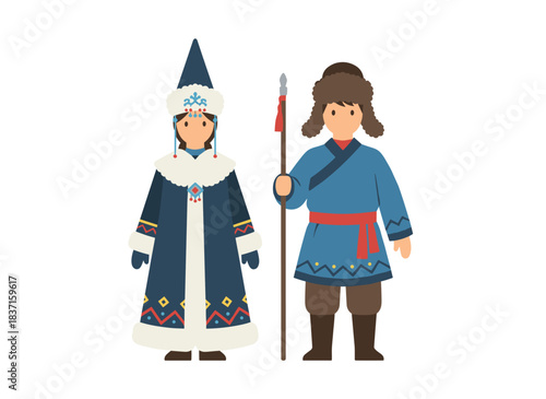 A pair from Yakutia or the Sakha Republic dressed in their traditional winter attire, with the woman wearing a customary coat and headdress, and the man sporting a Yakut hat and clothing, depicted as